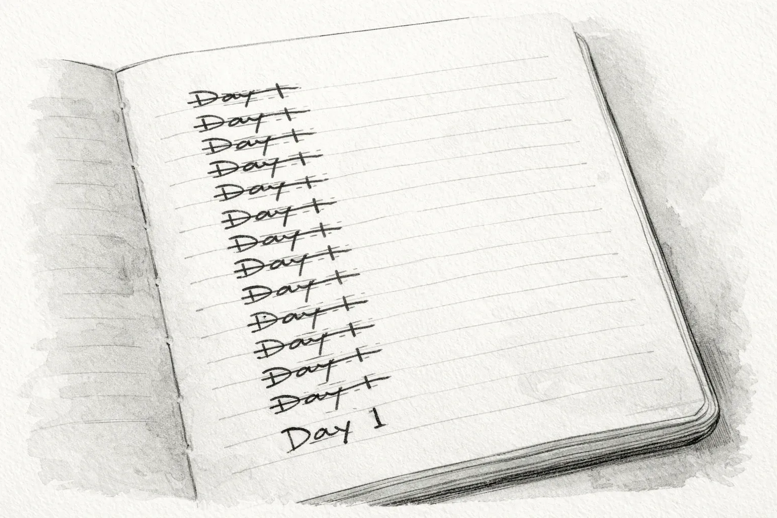 A notebook open to a page that reads Day 1, written and crossed out fourteen times.